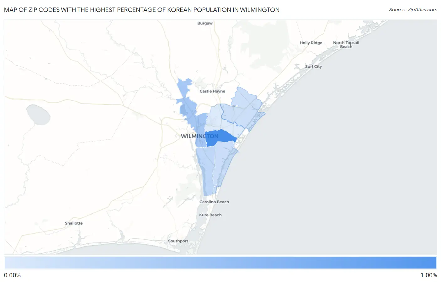 Zip Codes with the Highest Percentage of Korean Population in Wilmington Map