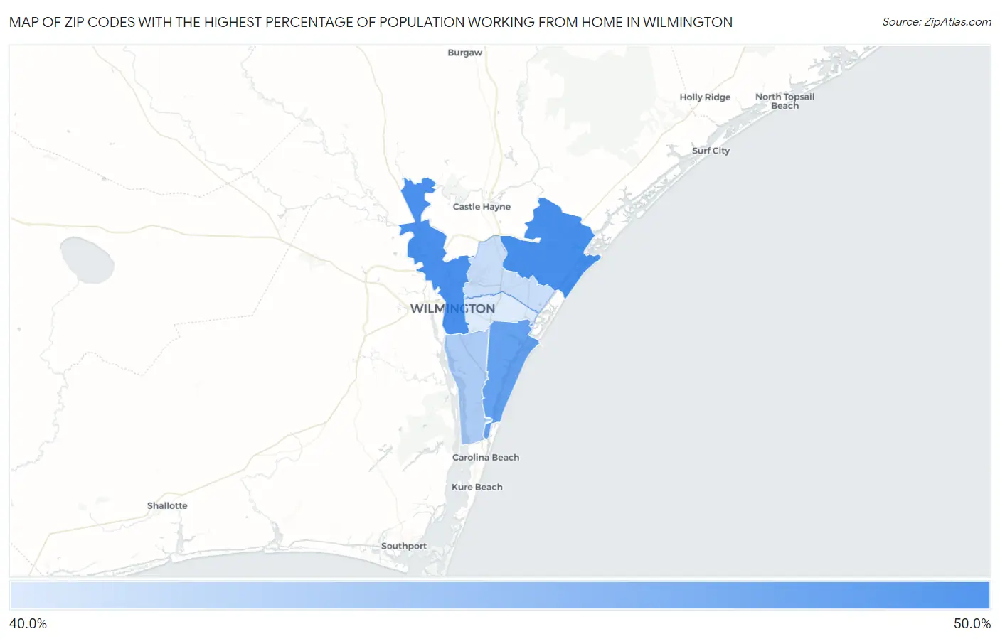 Zip Codes with the Highest Percentage of Population Working from Home in Wilmington Map