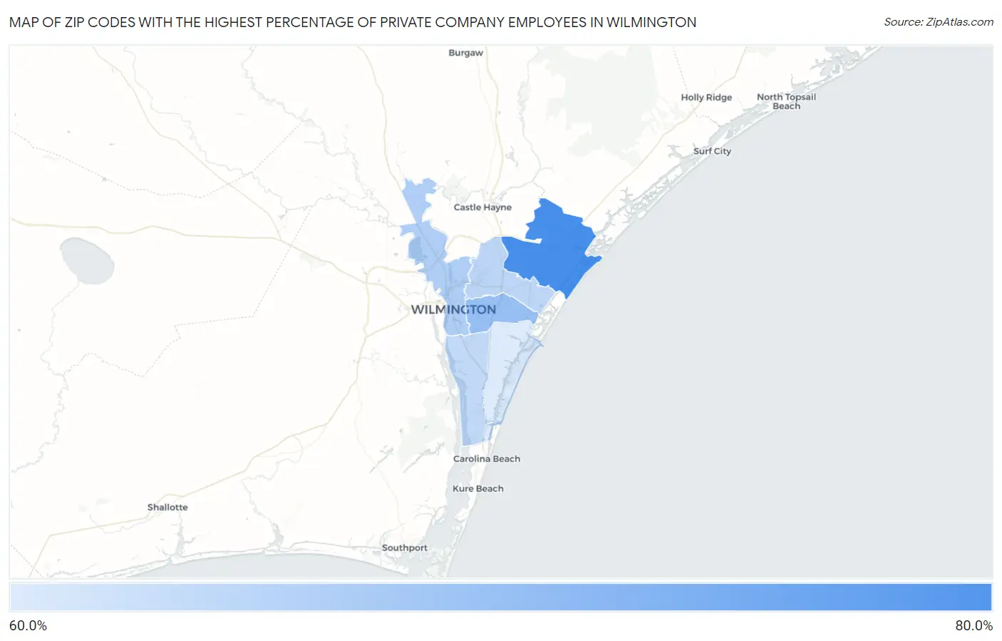 Zip Codes with the Highest Percentage of Private Company Employees in Wilmington Map