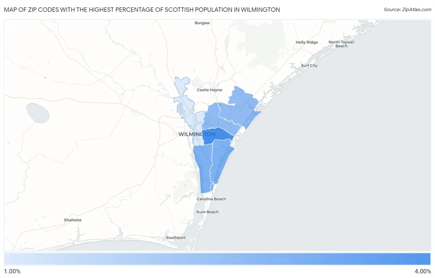 Zip Codes with the Highest Percentage of Scottish Population in Wilmington Map
