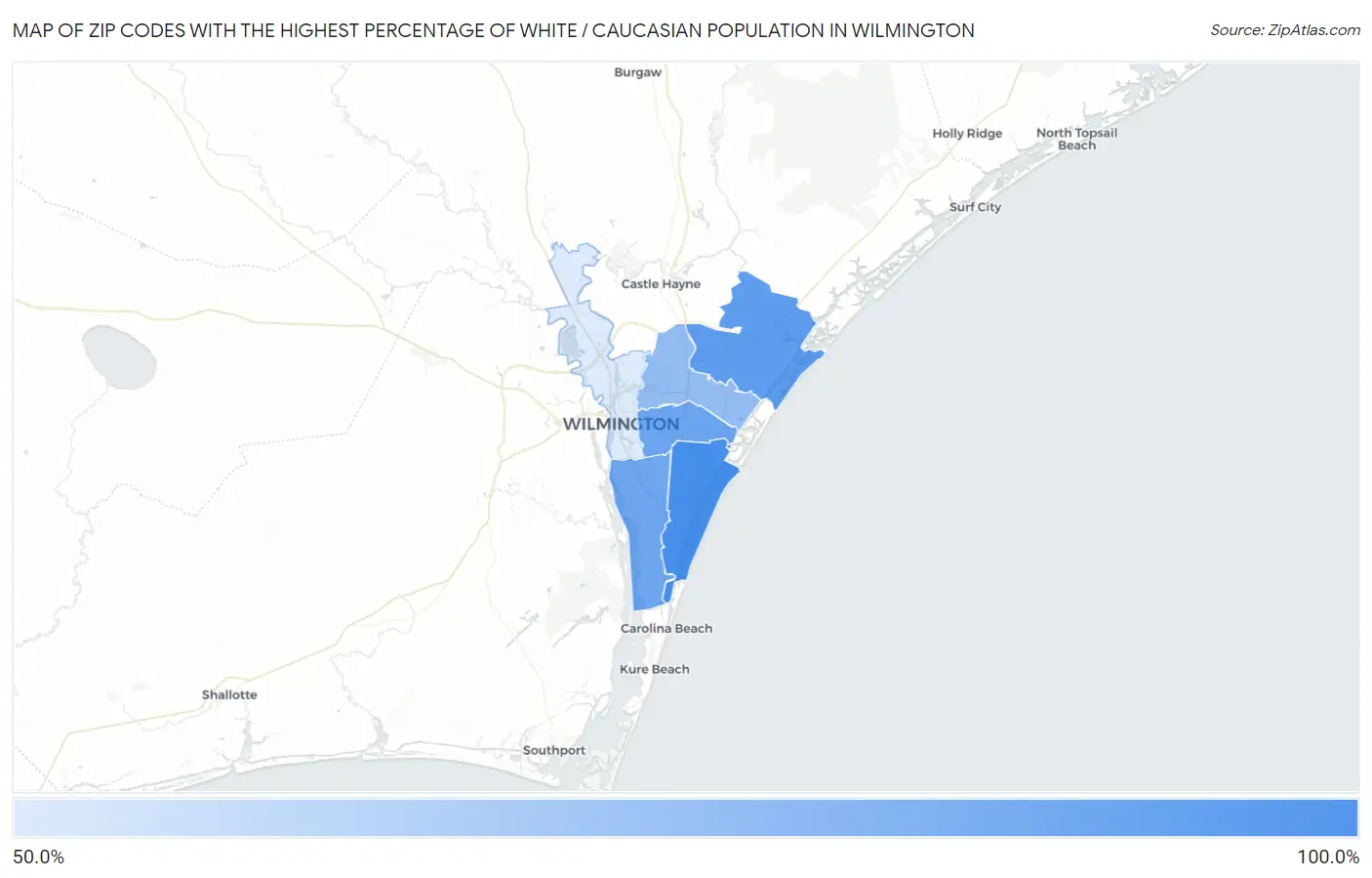 Zip Codes with the Highest Percentage of White / Caucasian Population in Wilmington Map