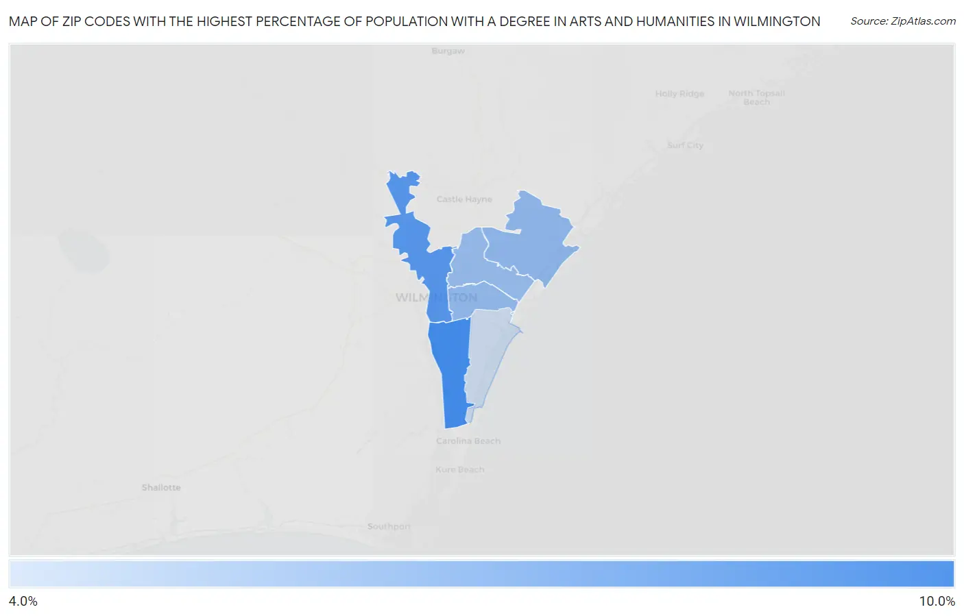 Zip Codes with the Highest Percentage of Population with a Degree in Arts and Humanities in Wilmington Map