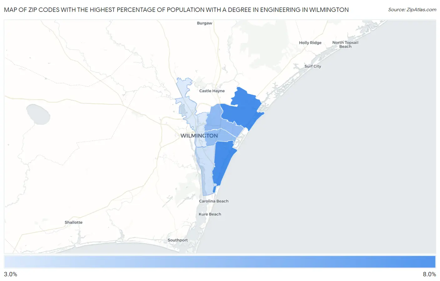 Zip Codes with the Highest Percentage of Population with a Degree in Engineering in Wilmington Map
