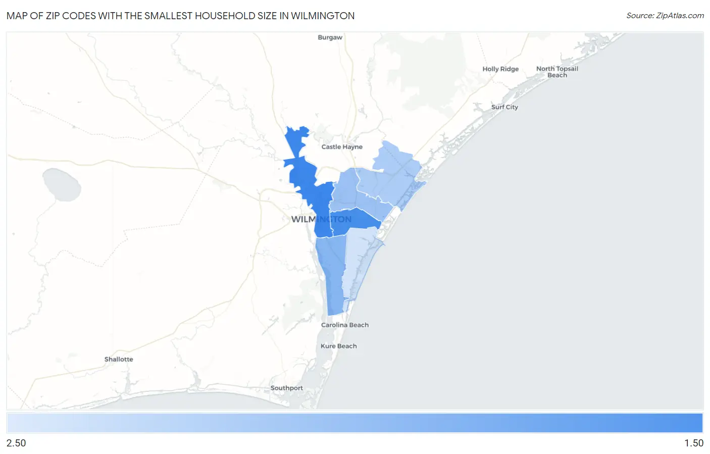Zip Codes with the Smallest Household Size in Wilmington Map