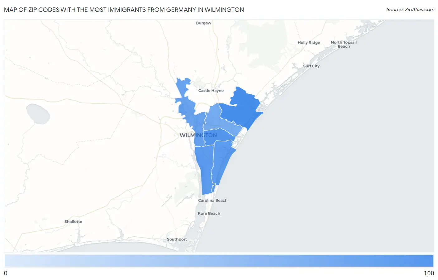 Zip Codes with the Most Immigrants from Germany in Wilmington Map