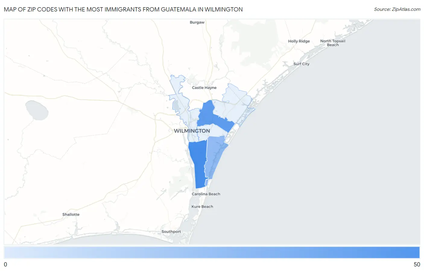 Zip Codes with the Most Immigrants from Guatemala in Wilmington Map