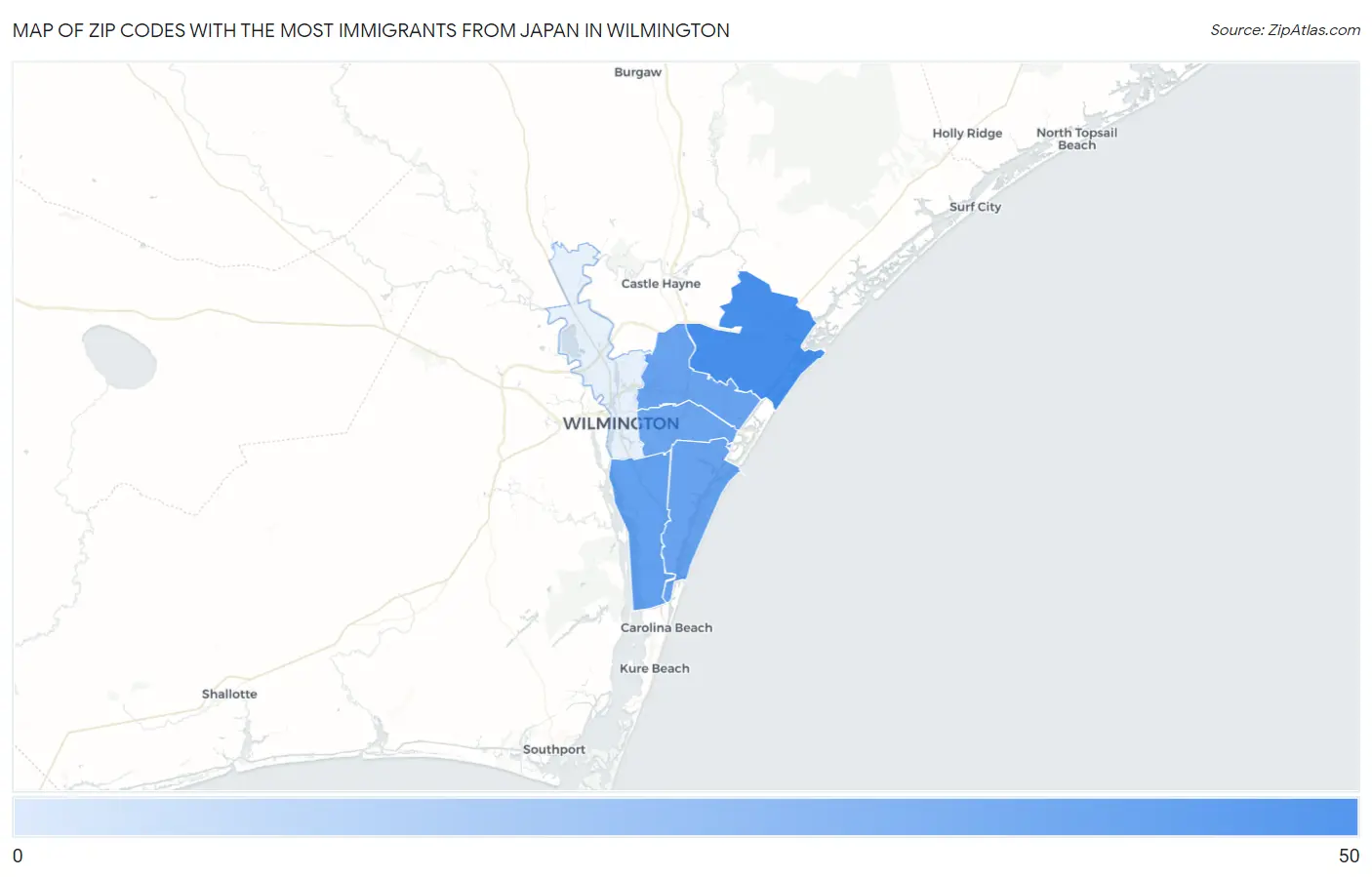 Zip Codes with the Most Immigrants from Japan in Wilmington Map
