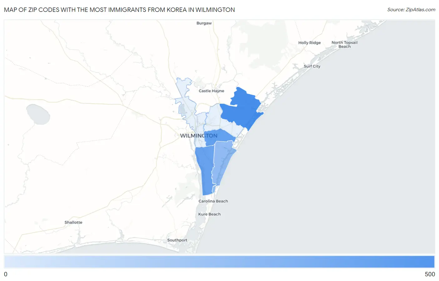 Zip Codes with the Most Immigrants from Korea in Wilmington Map
