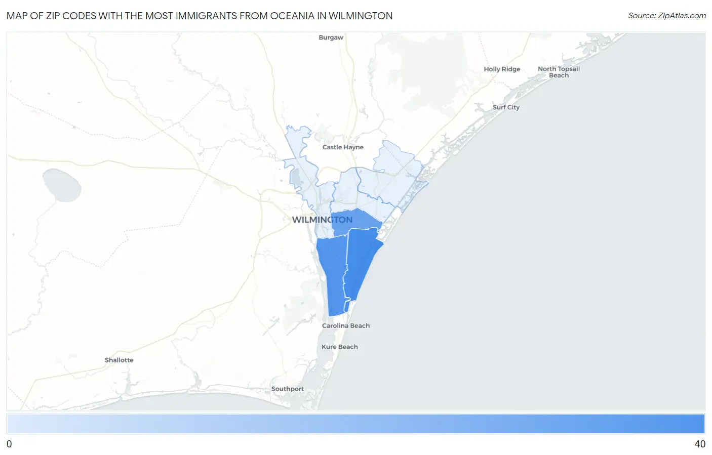 Zip Codes with the Most Immigrants from Oceania in Wilmington Map