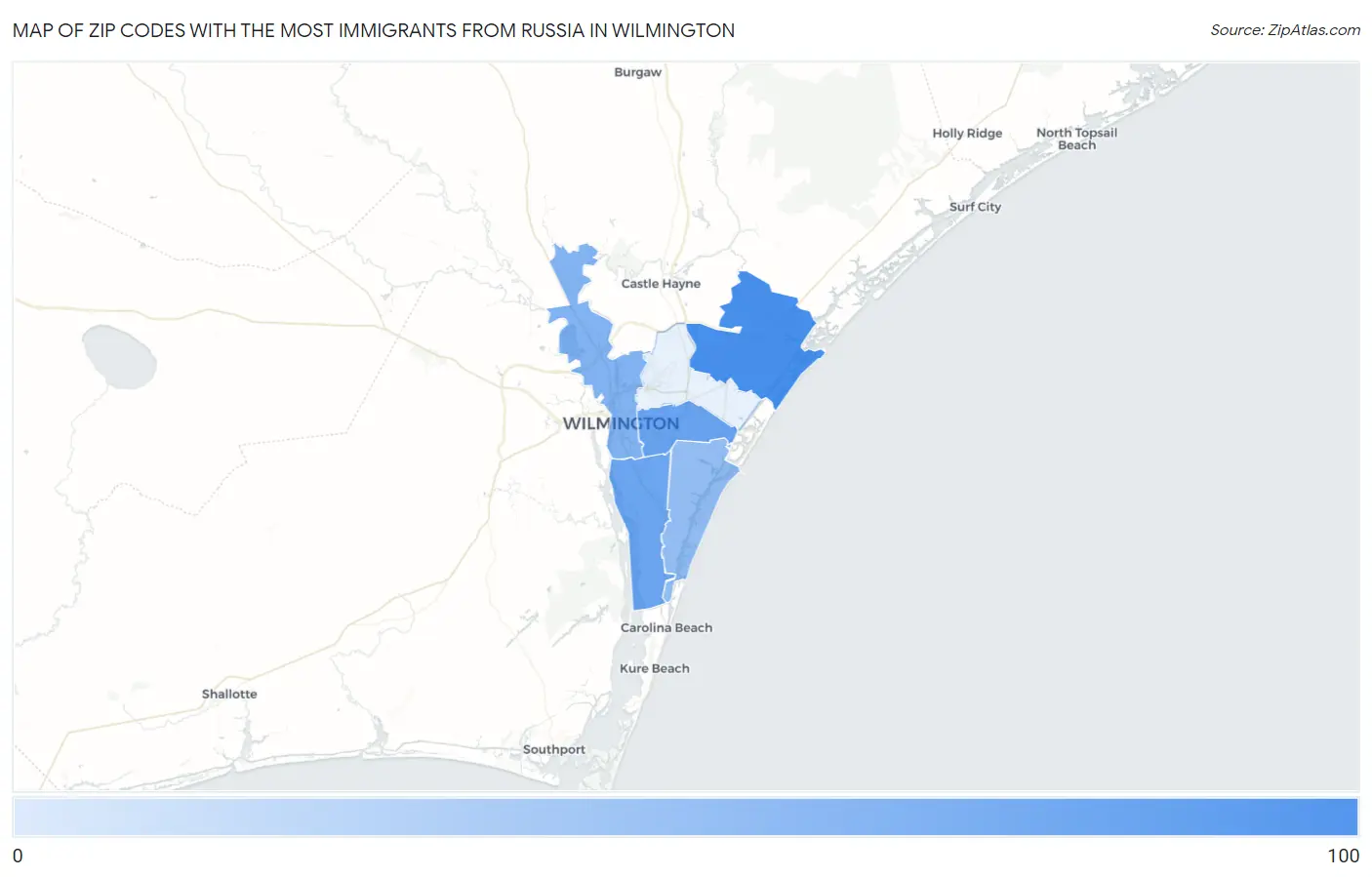 Zip Codes with the Most Immigrants from Russia in Wilmington Map