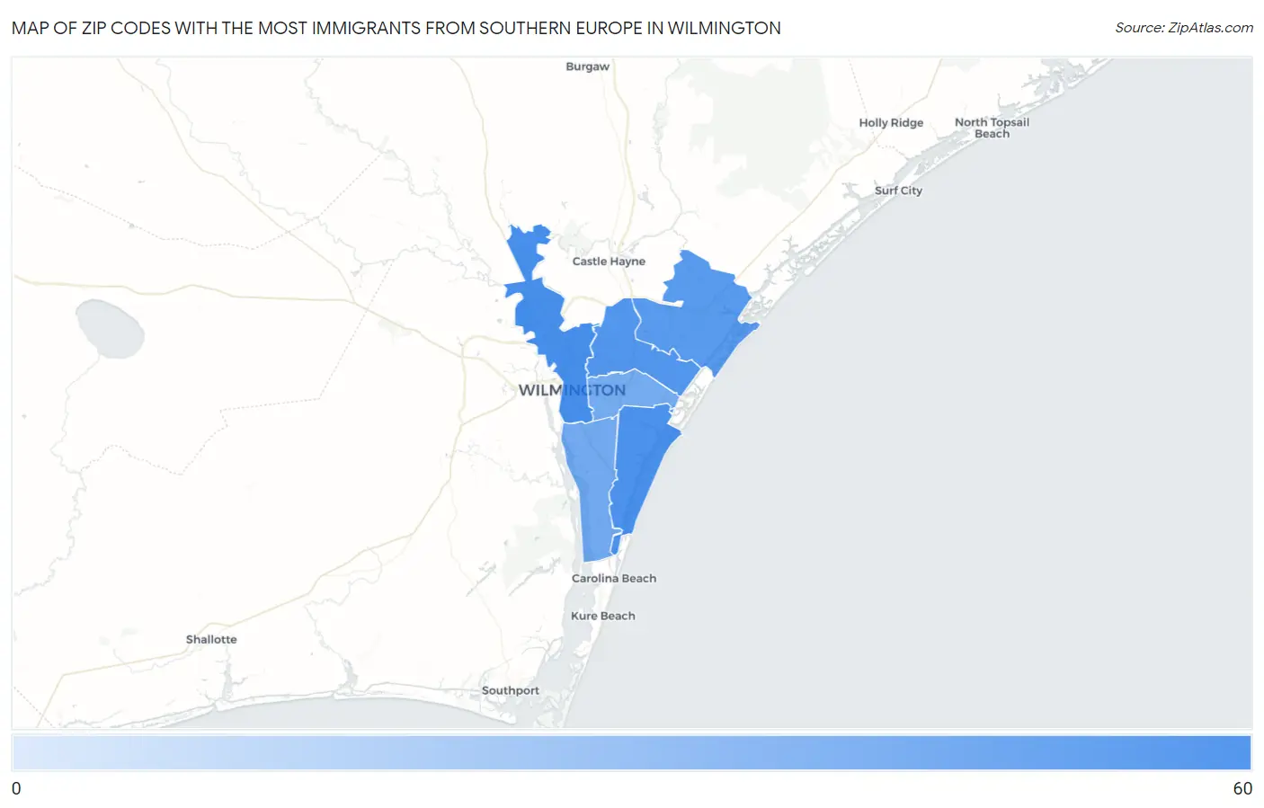 Zip Codes with the Most Immigrants from Southern Europe in Wilmington Map