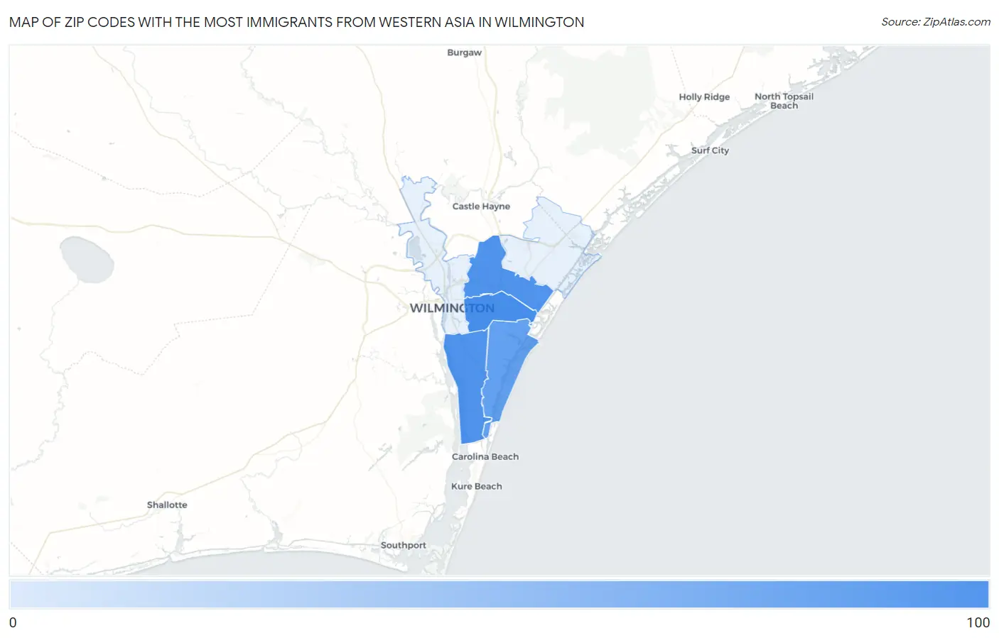 Zip Codes with the Most Immigrants from Western Asia in Wilmington Map