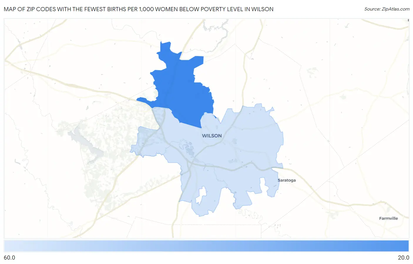 Zip Codes with the Fewest Births per 1,000 Women Below Poverty Level in Wilson Map