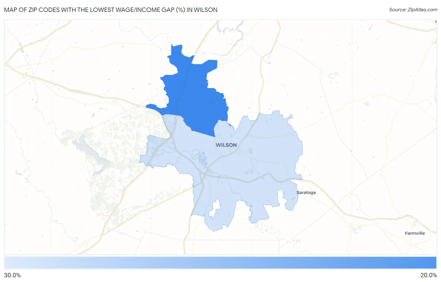 Zip Codes with the Lowest Wage/Income Gap (%) in Wilson Map