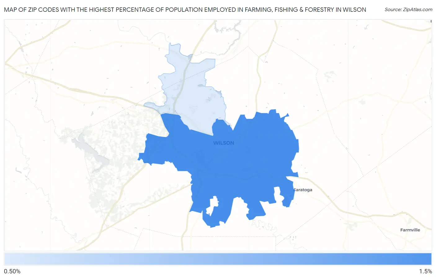 Zip Codes with the Highest Percentage of Population Employed in Farming, Fishing & Forestry in Wilson Map