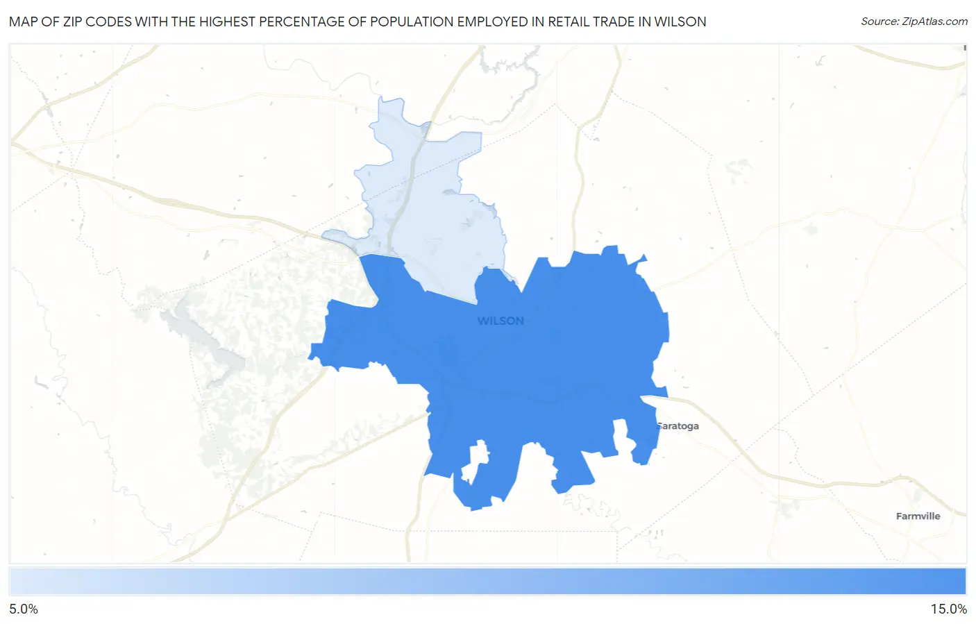Zip Codes with the Highest Percentage of Population Employed in Retail Trade in Wilson Map