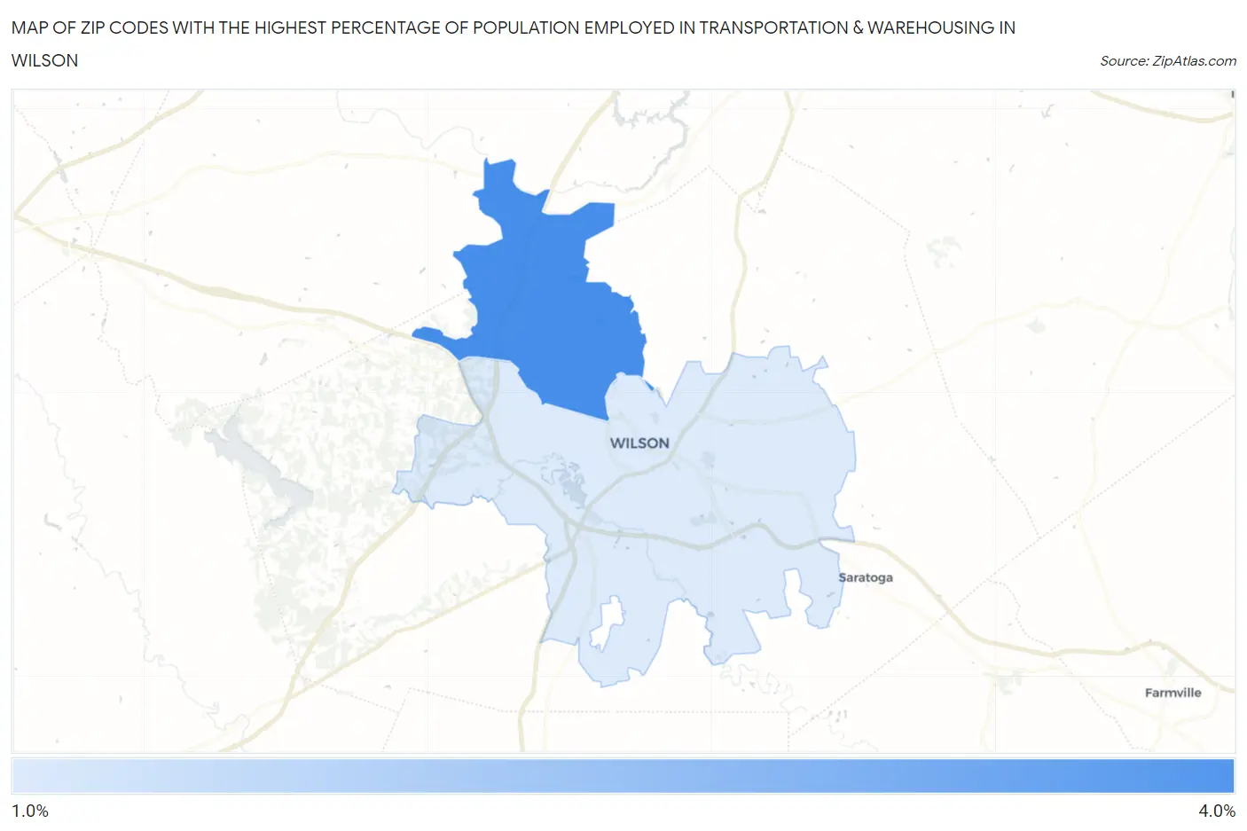 Zip Codes with the Highest Percentage of Population Employed in Transportation & Warehousing in Wilson Map