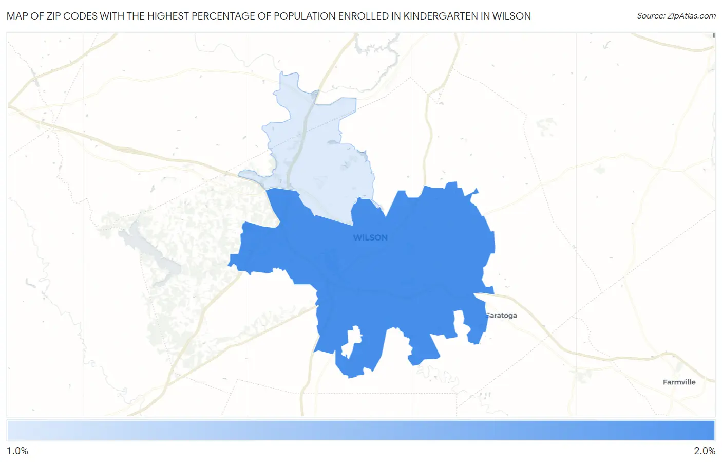 Zip Codes with the Highest Percentage of Population Enrolled in Kindergarten in Wilson Map