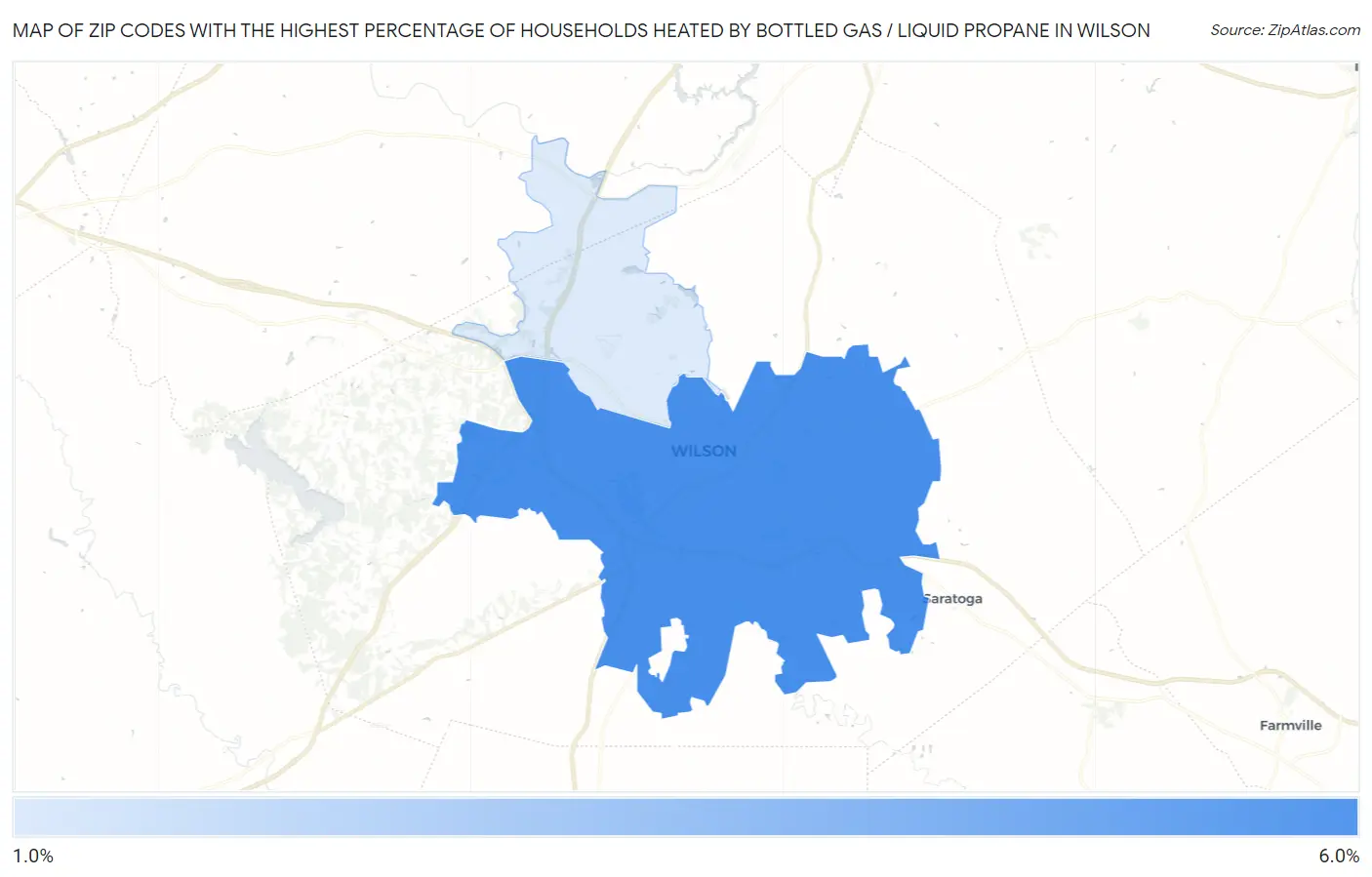 Zip Codes with the Highest Percentage of Households Heated by Bottled Gas / Liquid Propane in Wilson Map