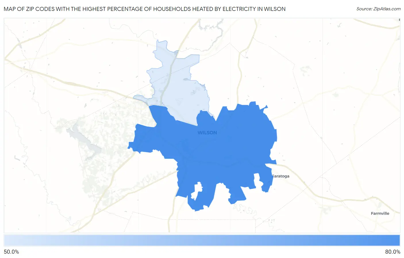 Zip Codes with the Highest Percentage of Households Heated by Electricity in Wilson Map