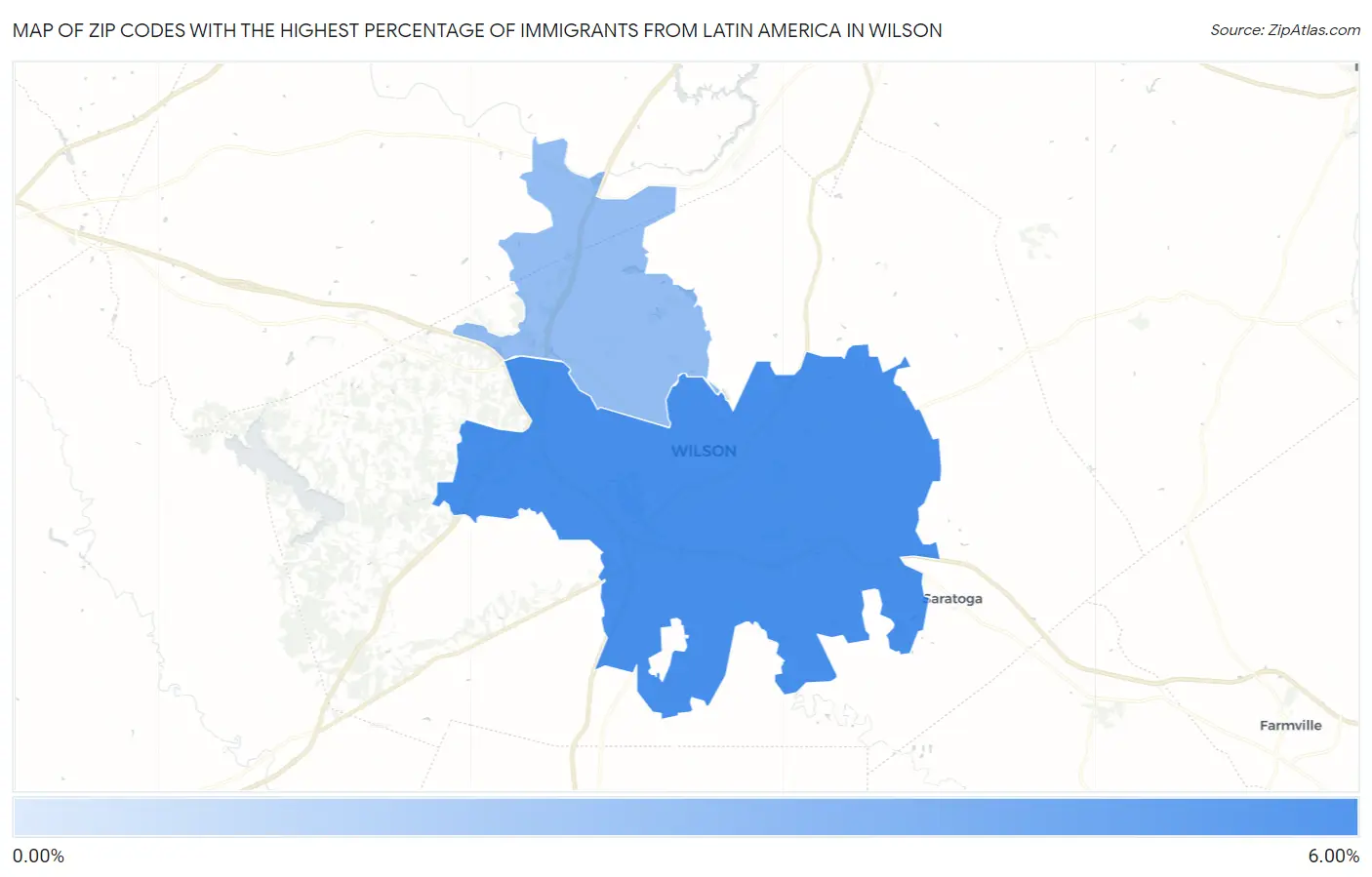 Zip Codes with the Highest Percentage of Immigrants from Latin America in Wilson Map