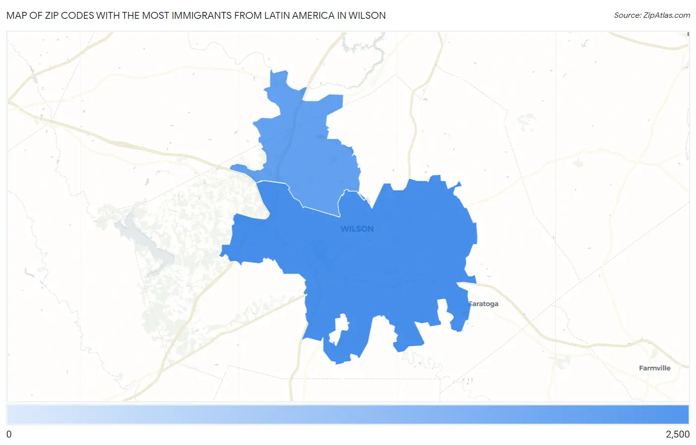 Zip Codes with the Most Immigrants from Latin America in Wilson Map