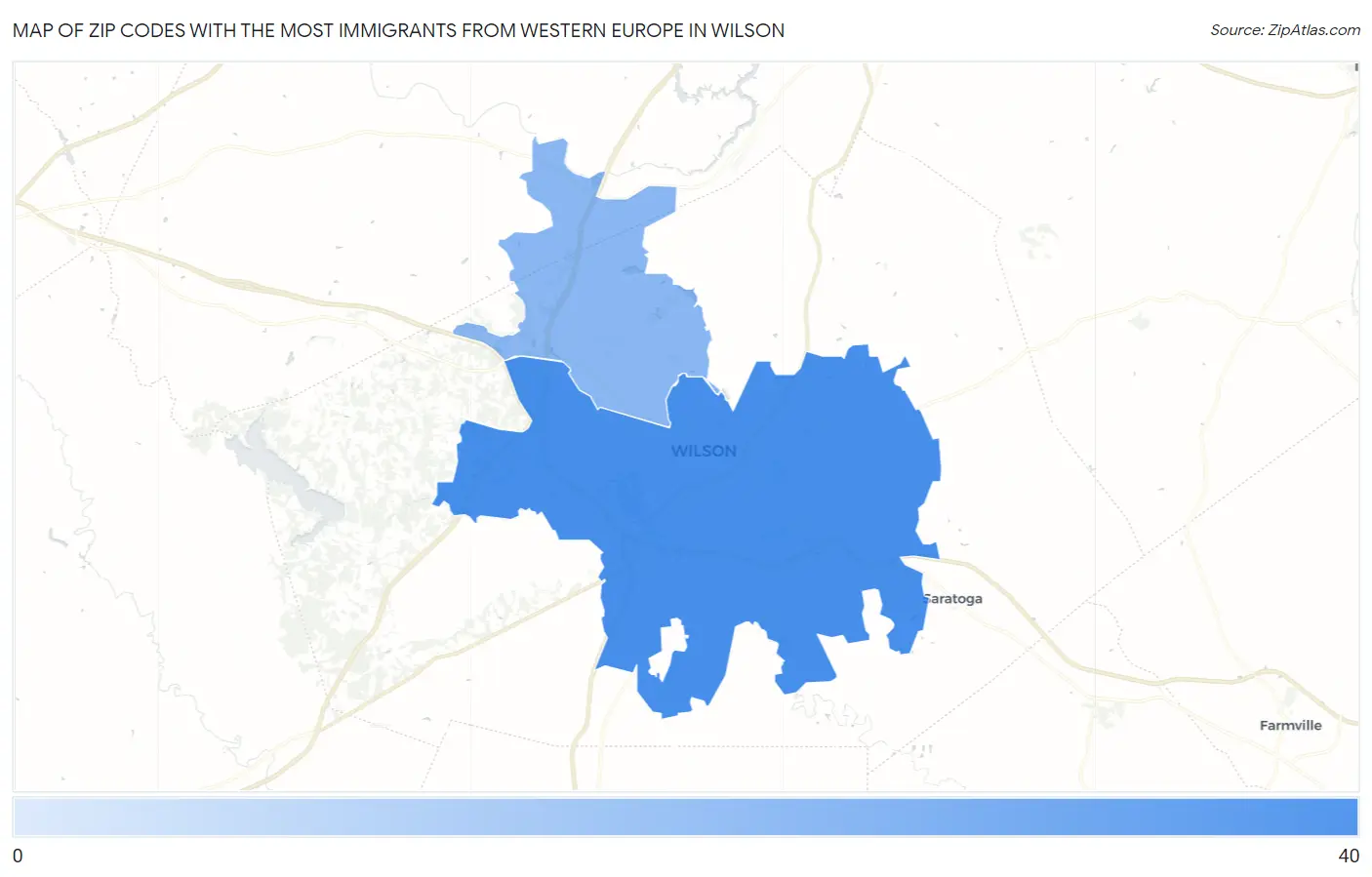 Zip Codes with the Most Immigrants from Western Europe in Wilson Map