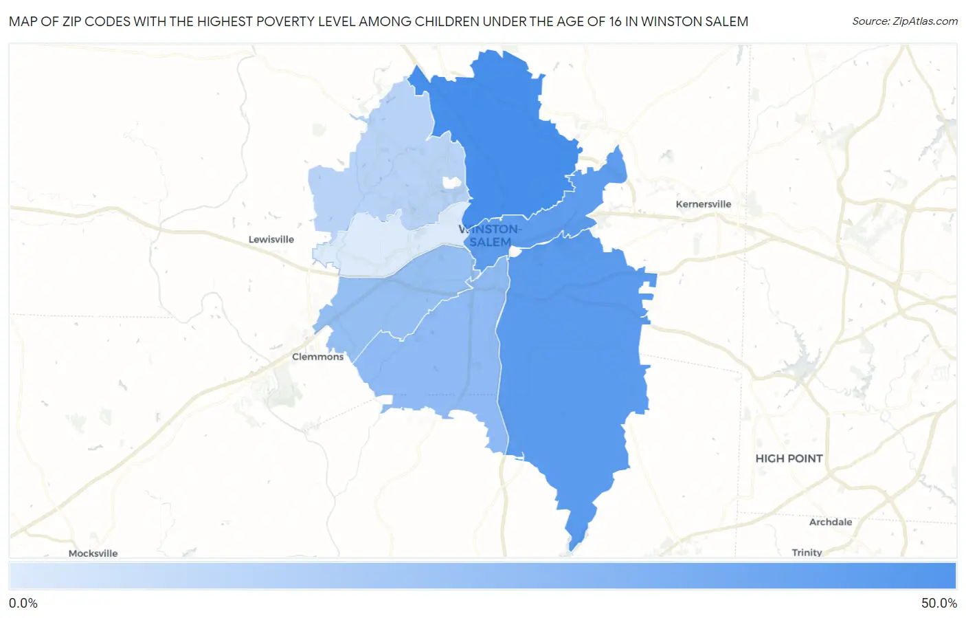 Zip Codes with the Highest Poverty Level Among Children Under the Age of 16 in Winston Salem Map