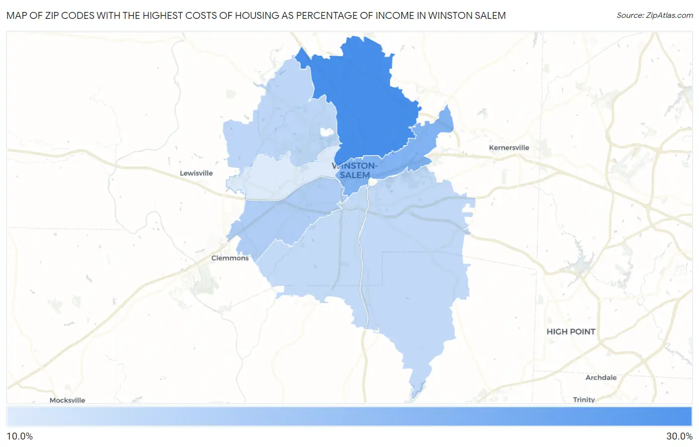 Zip Codes with the Highest Costs of Housing as Percentage of Income in Winston Salem Map