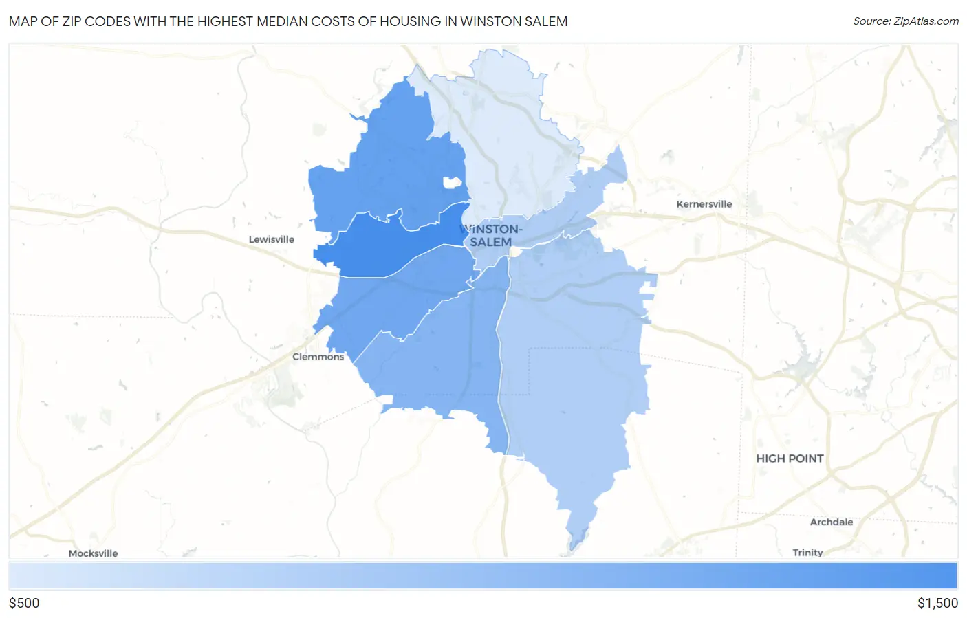 Zip Codes with the Highest Median Costs of Housing in Winston Salem Map