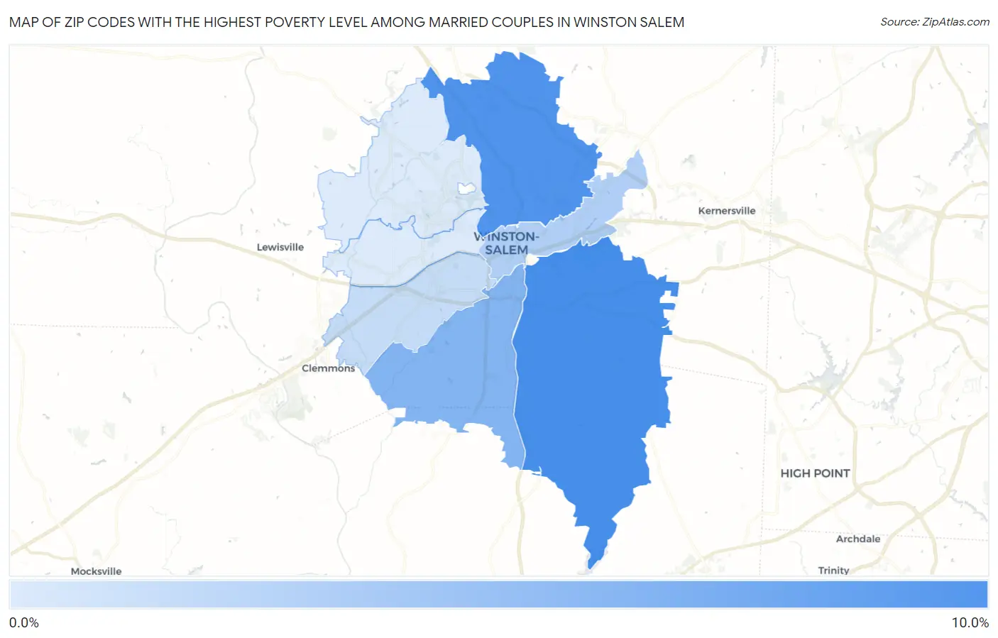 Zip Codes with the Highest Poverty Level Among Married Couples in Winston Salem Map