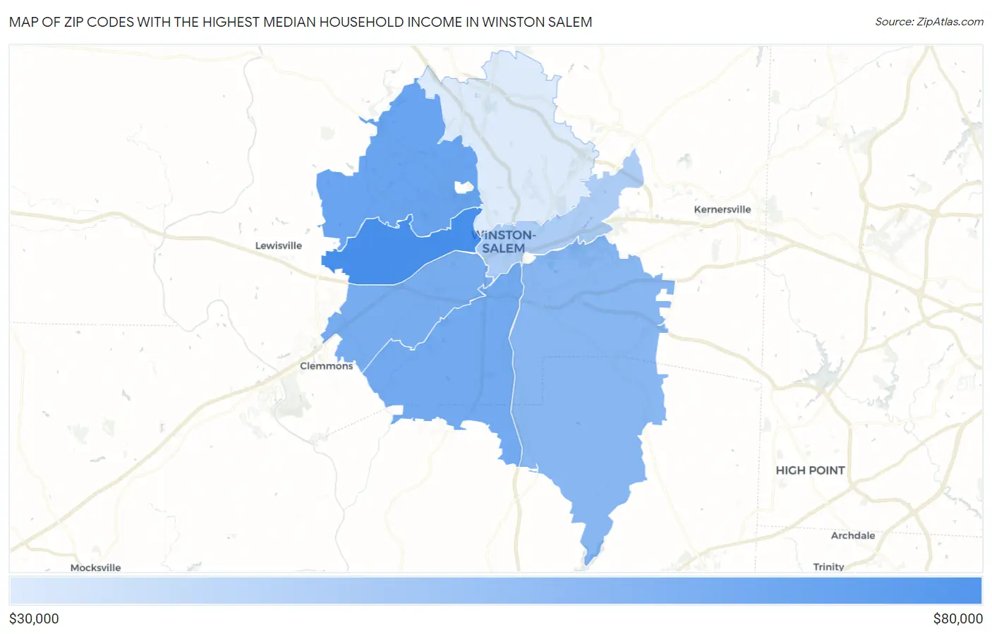 Zip Codes with the Highest Median Household Income in Winston Salem Map