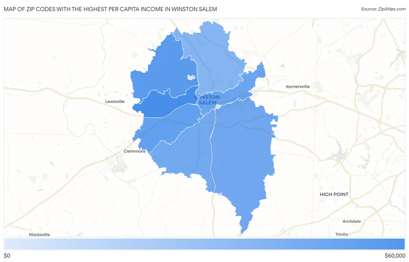 Zip Codes with the Highest Per Capita Income in Winston Salem Map