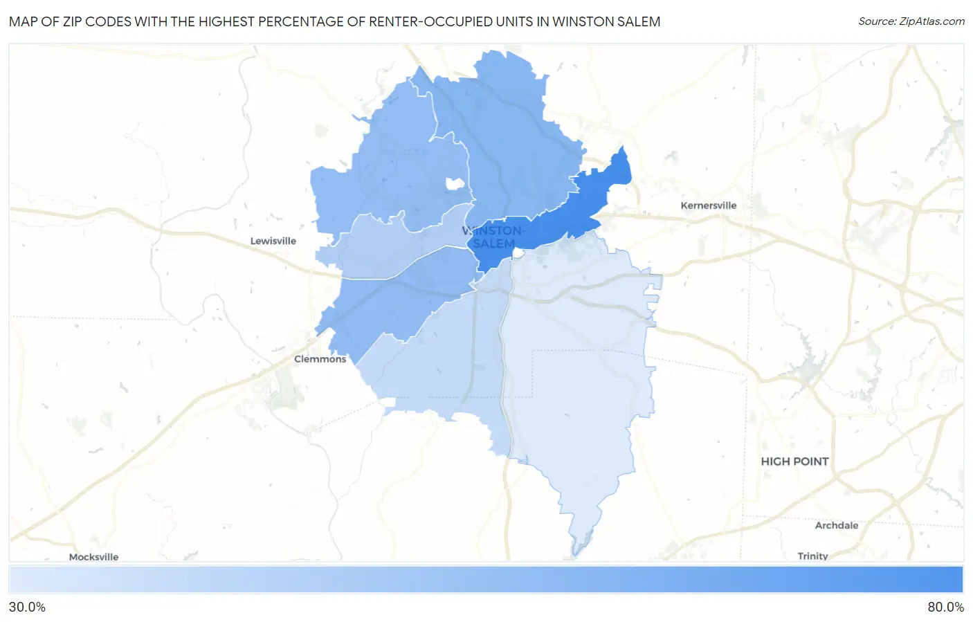 Zip Codes with the Highest Percentage of Renter-Occupied Units in Winston Salem Map