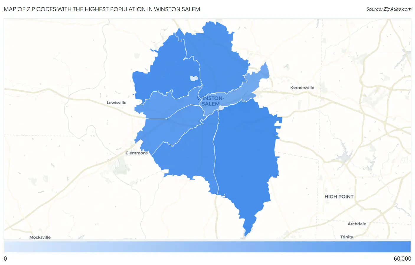 Zip Codes with the Highest Population in Winston Salem Map