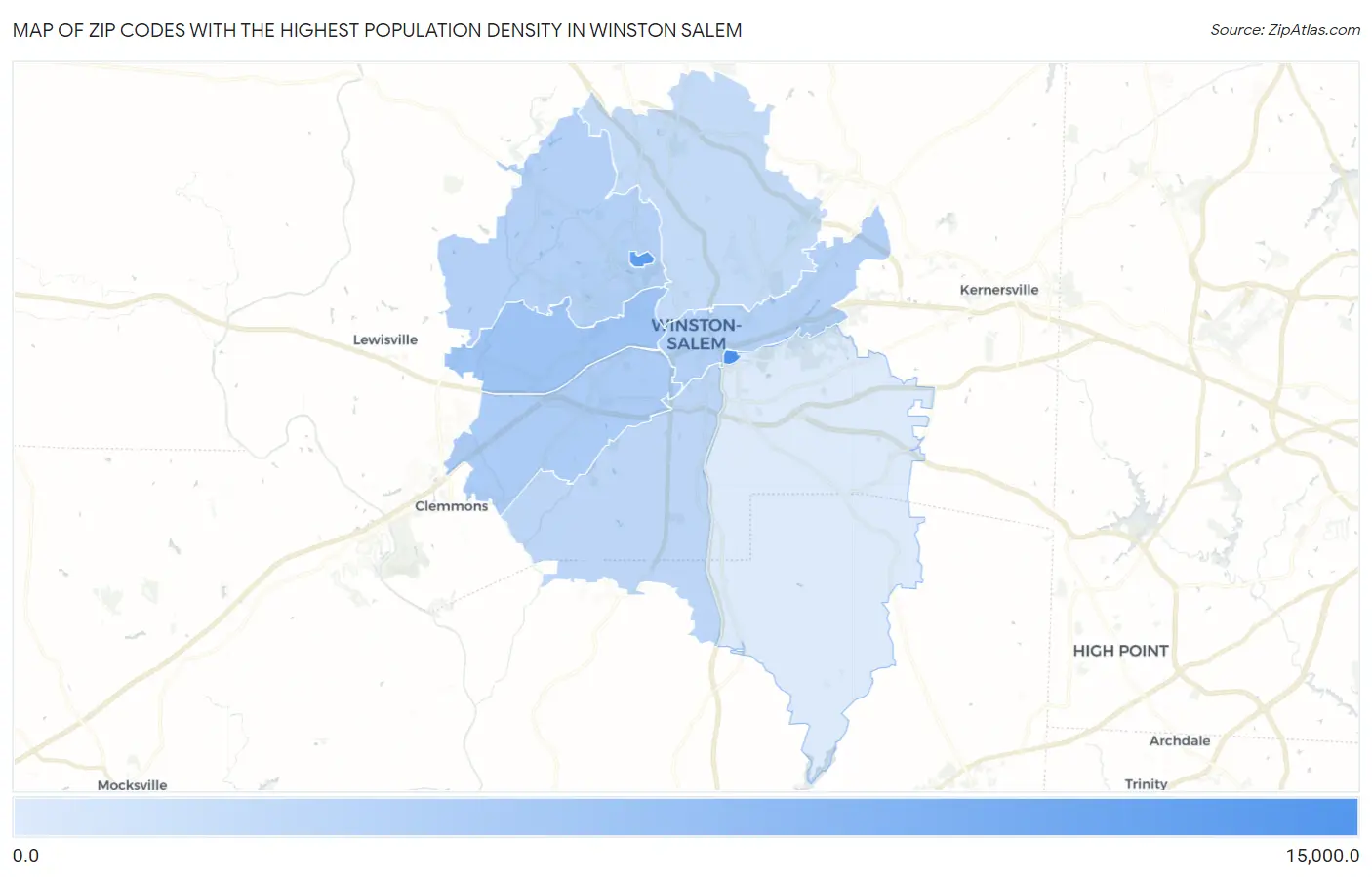 Zip Codes with the Highest Population Density in Winston Salem Map