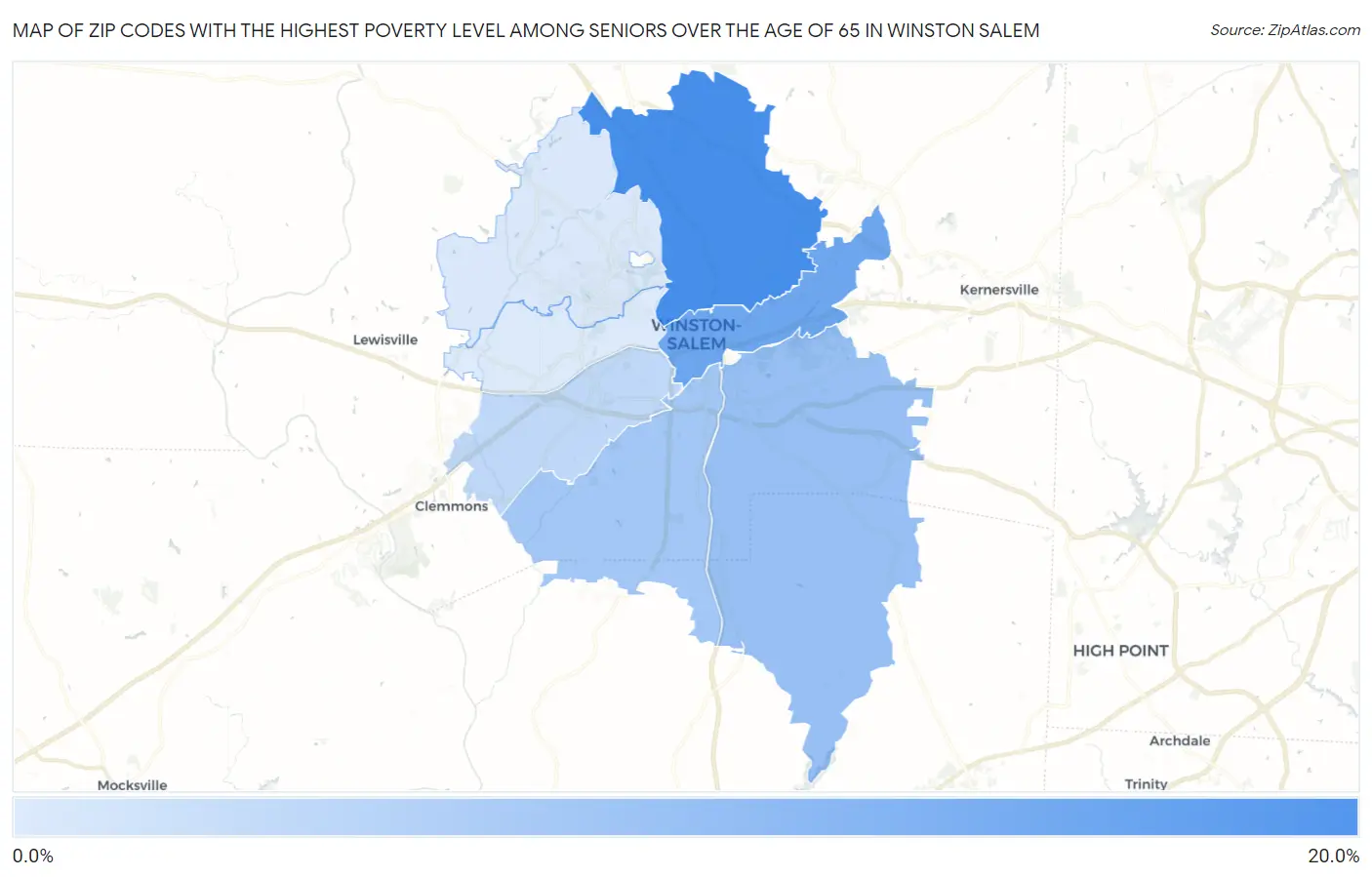 Zip Codes with the Highest Poverty Level Among Seniors Over the Age of 65 in Winston Salem Map