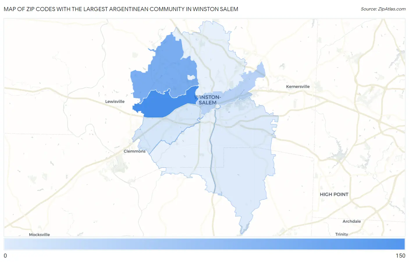 Zip Codes with the Largest Argentinean Community in Winston Salem Map