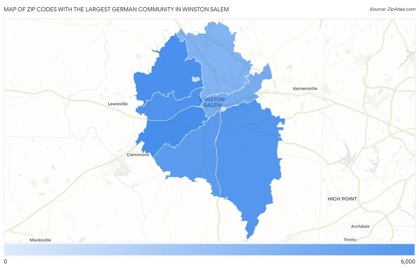 Zip Codes with the Largest German Community in Winston Salem Map