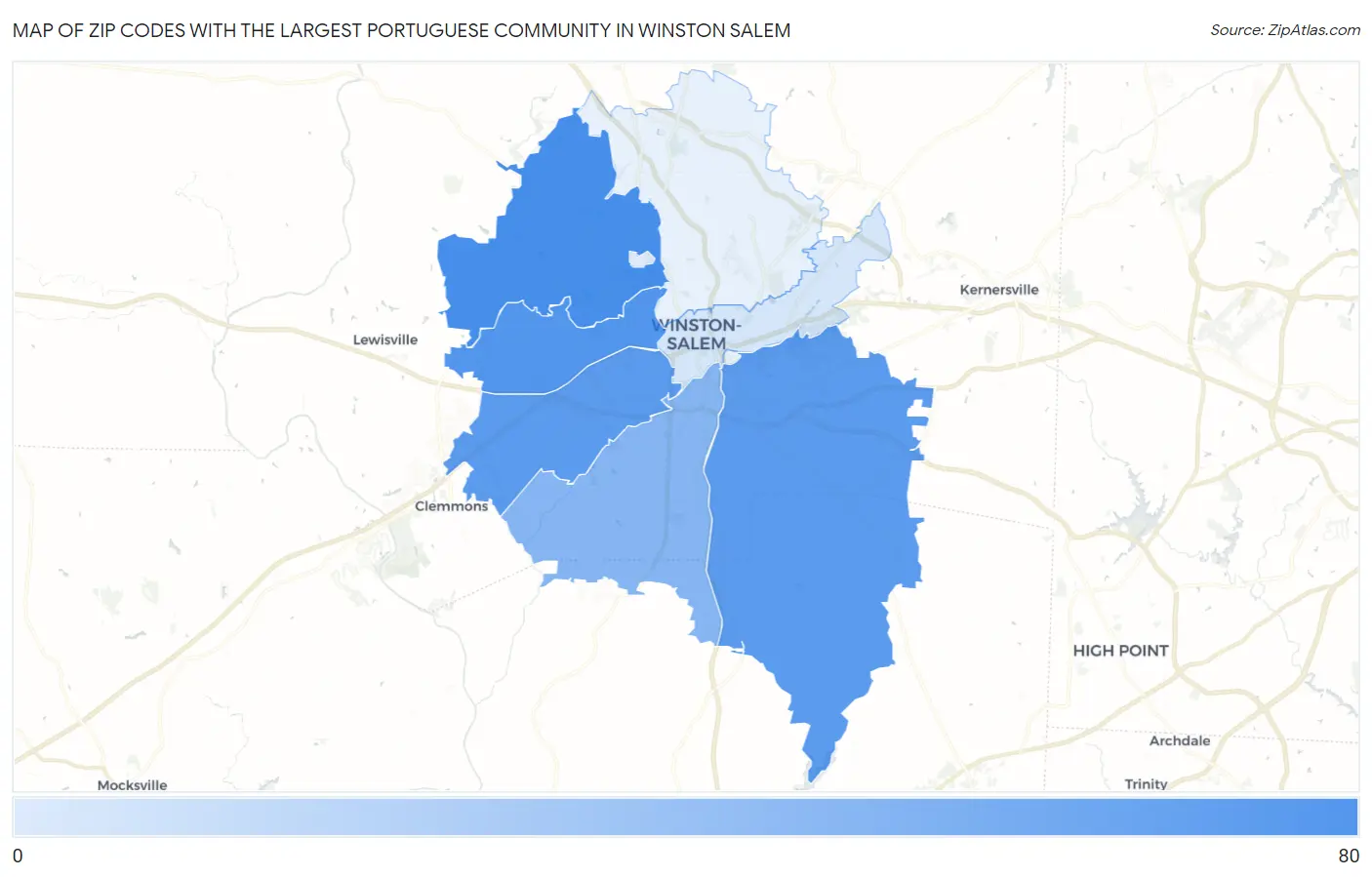 Zip Codes with the Largest Portuguese Community in Winston Salem Map