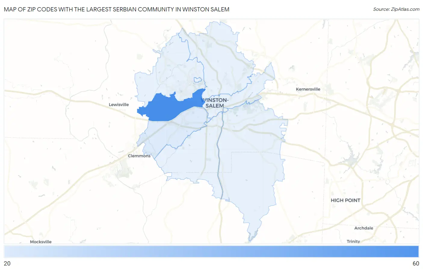 Zip Codes with the Largest Serbian Community in Winston Salem Map