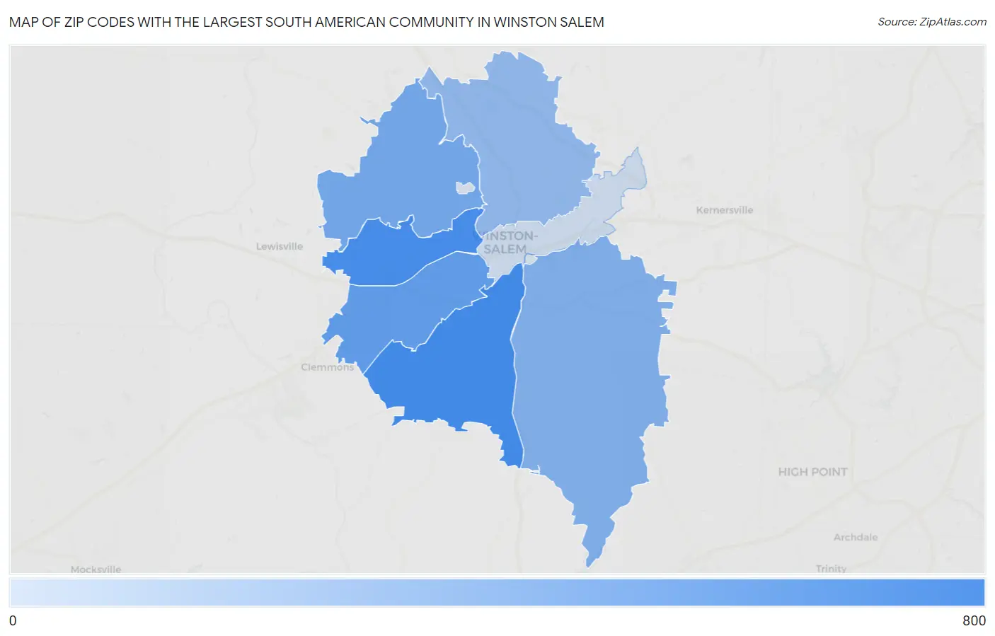 Zip Codes with the Largest South American Community in Winston Salem Map