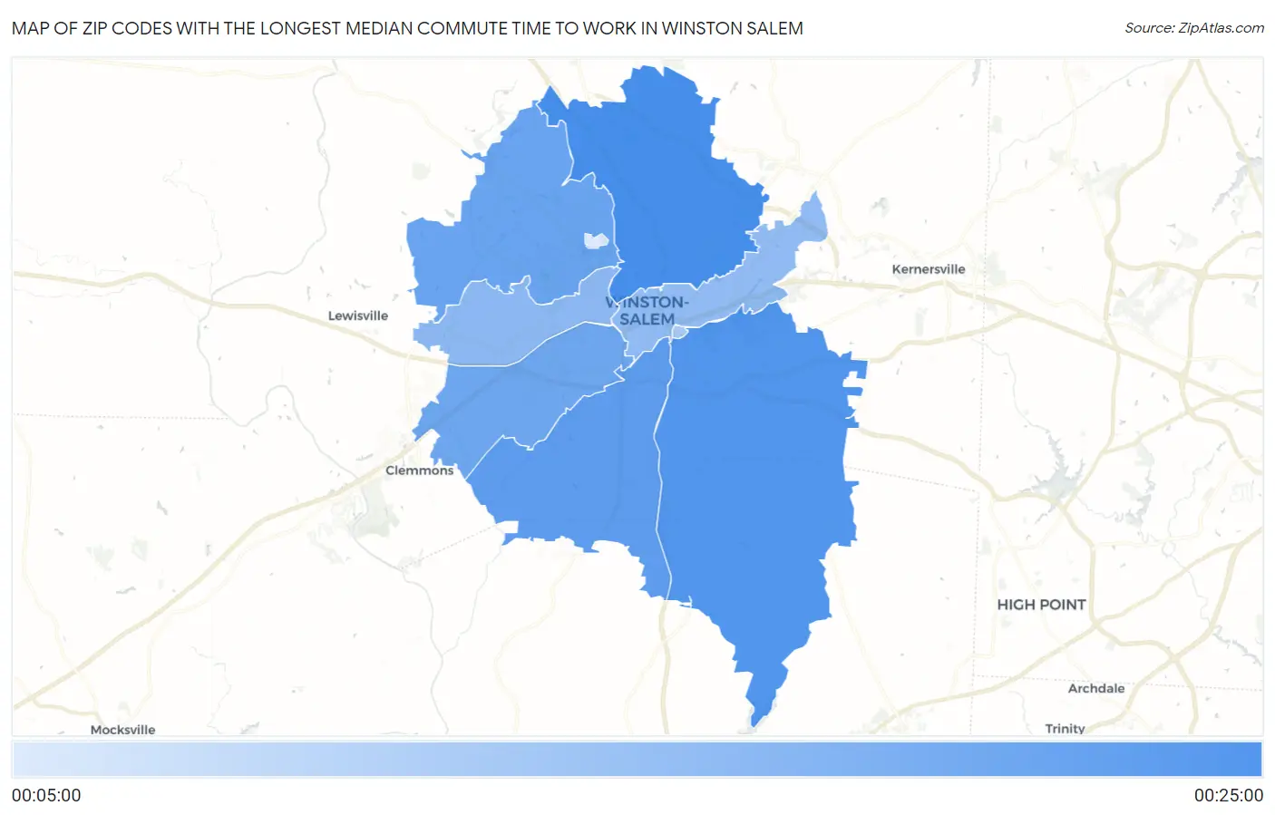 Zip Codes with the Longest Median Commute Time to Work in Winston Salem Map
