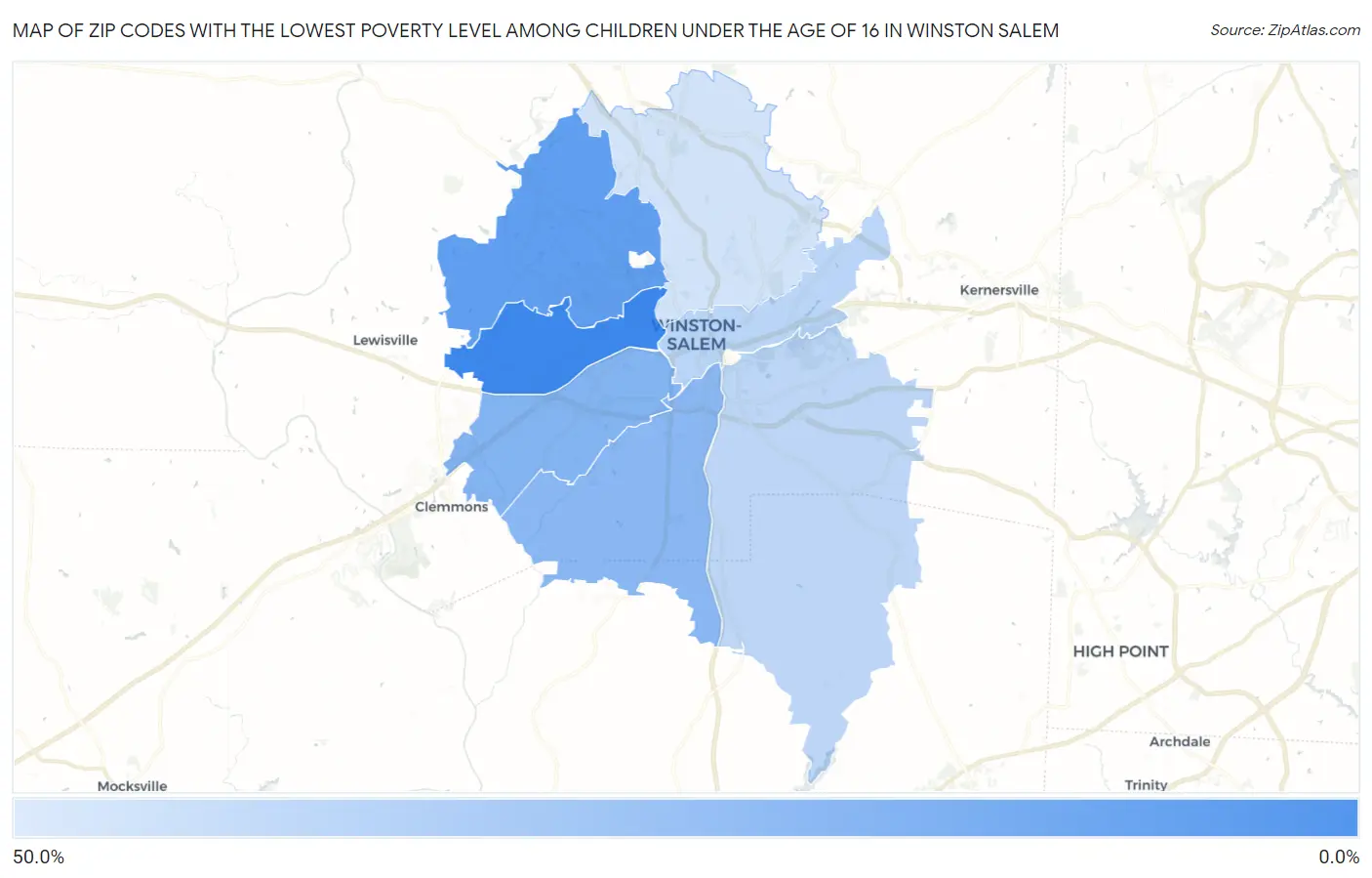 Zip Codes with the Lowest Poverty Level Among Children Under the Age of 16 in Winston Salem Map