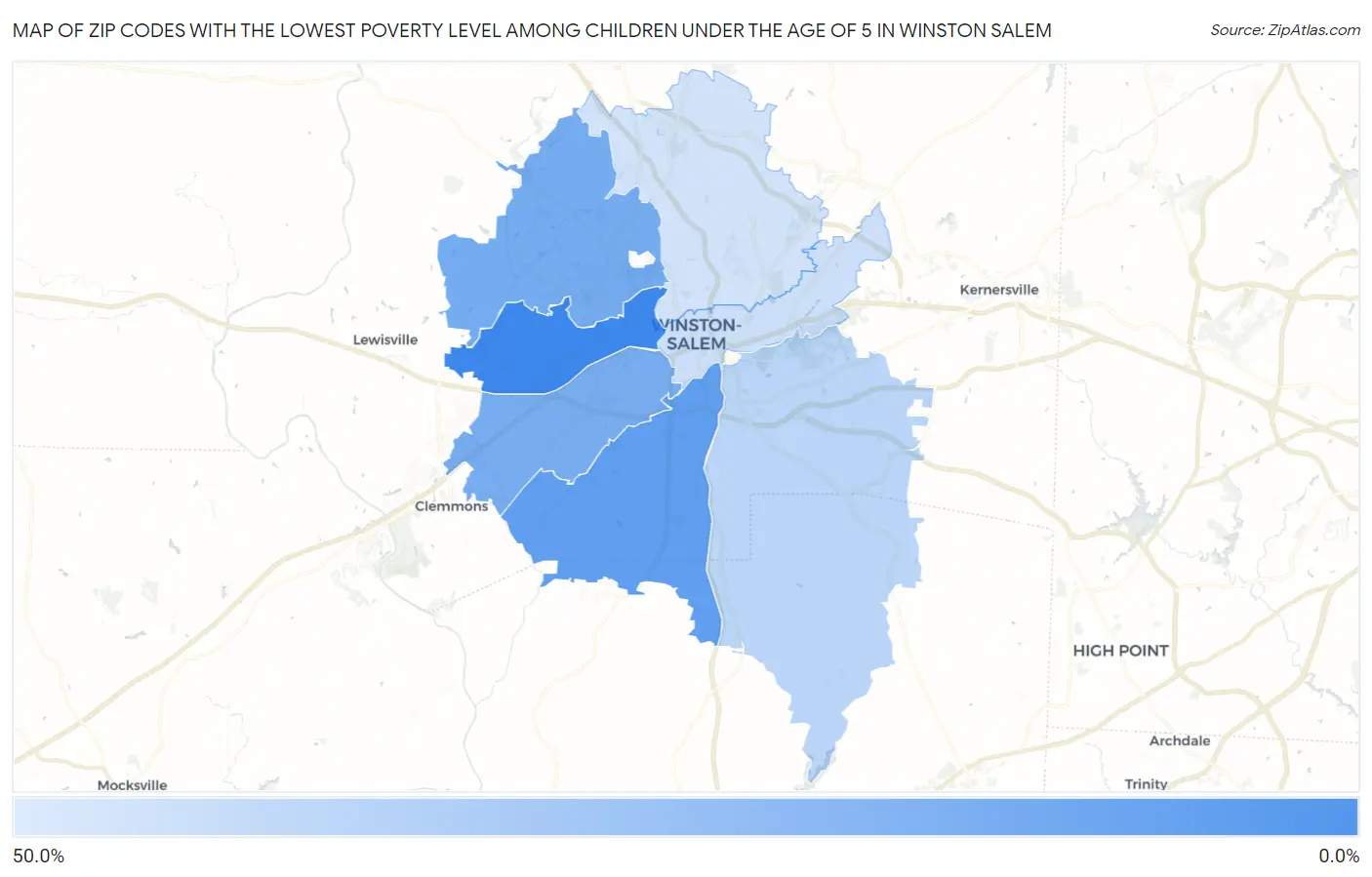 Zip Codes with the Lowest Poverty Level Among Children Under the Age of 5 in Winston Salem Map