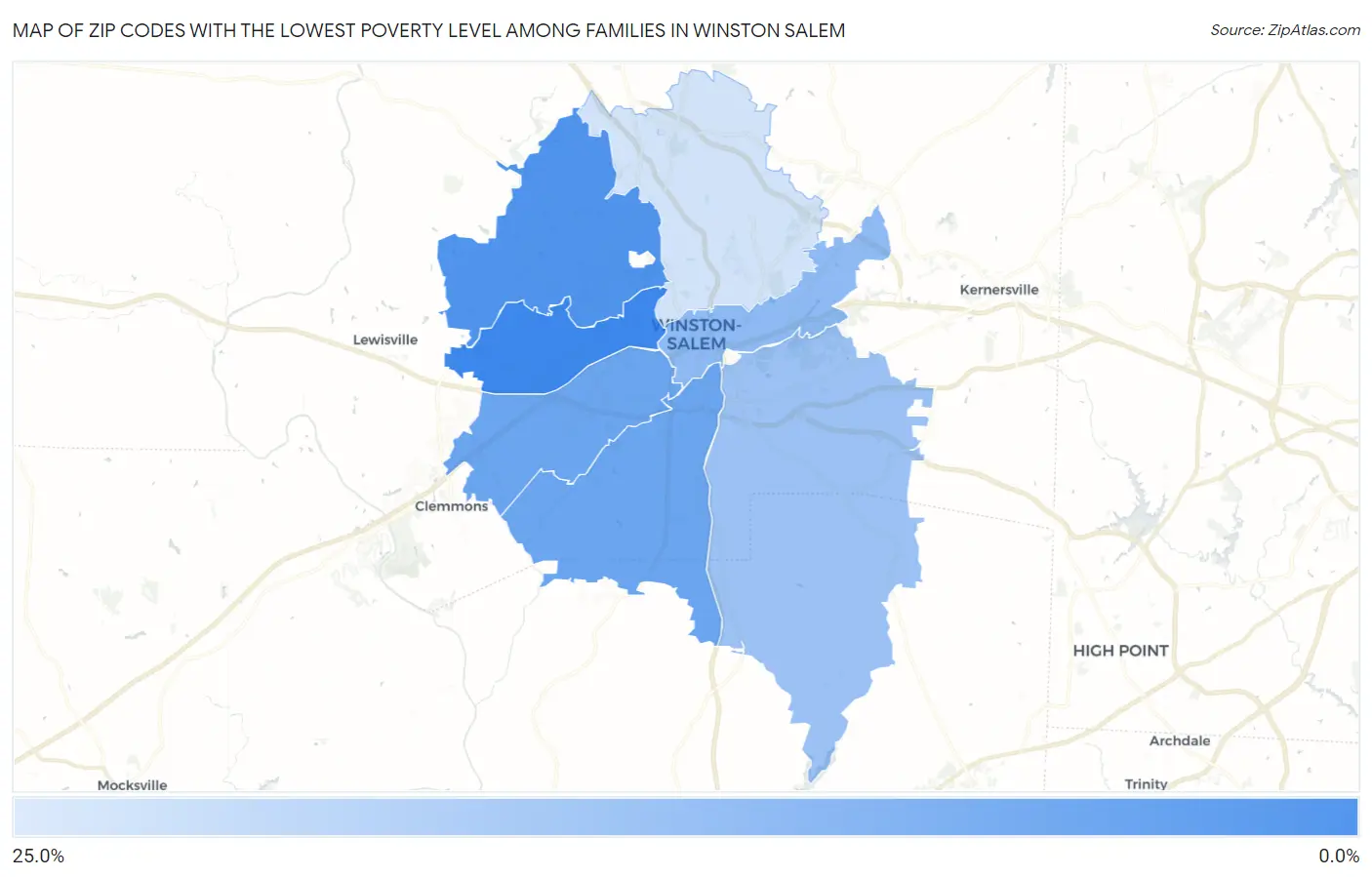 Zip Codes with the Lowest Poverty Level Among Families in Winston Salem Map