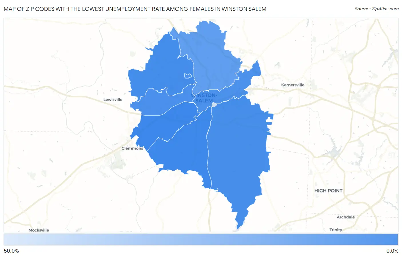 Zip Codes with the Lowest Unemployment Rate Among Females in Winston Salem Map