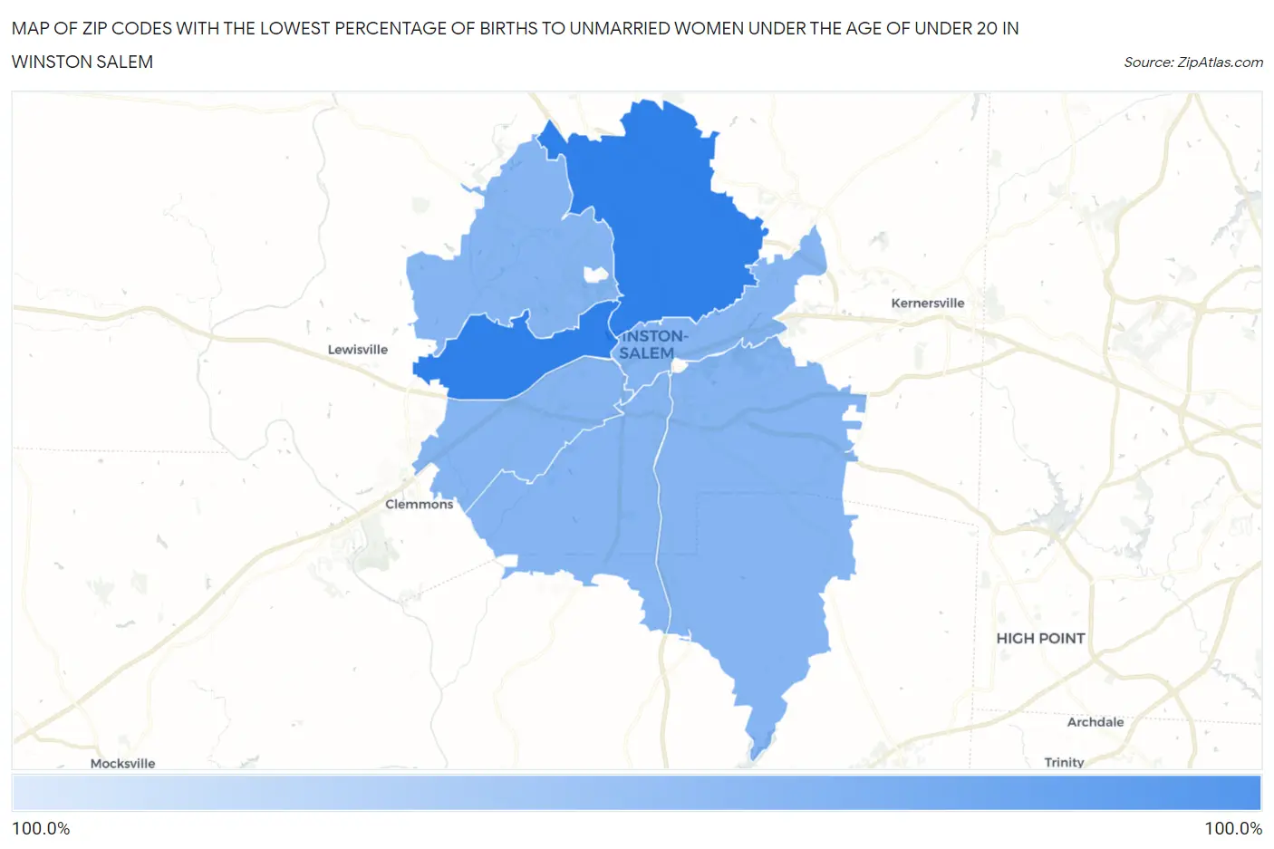 Zip Codes with the Lowest Percentage of Births to Unmarried Women under the Age of under 20 in Winston Salem Map