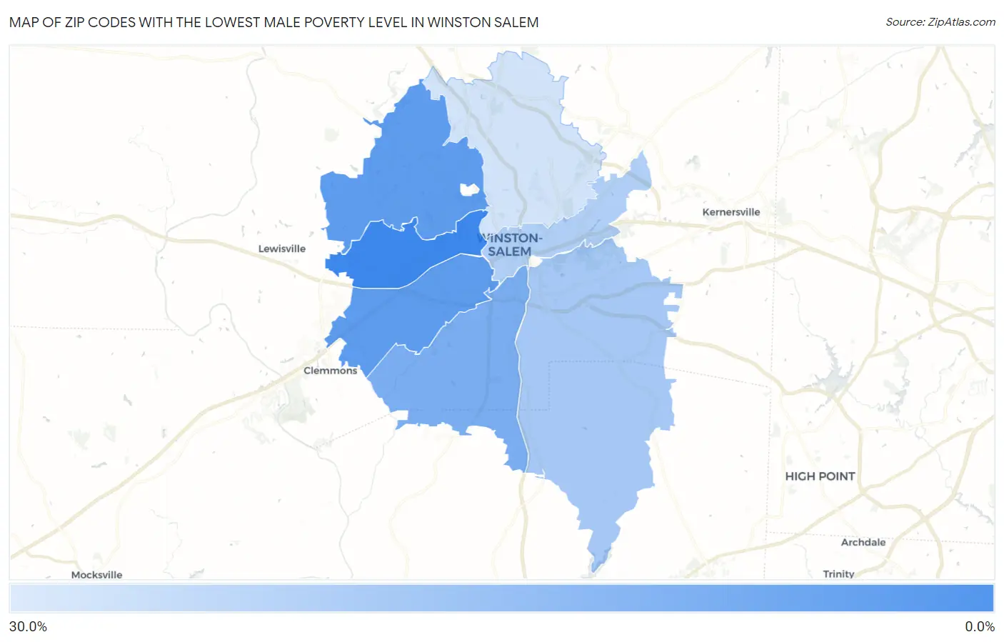 Zip Codes with the Lowest Male Poverty Level in Winston Salem Map