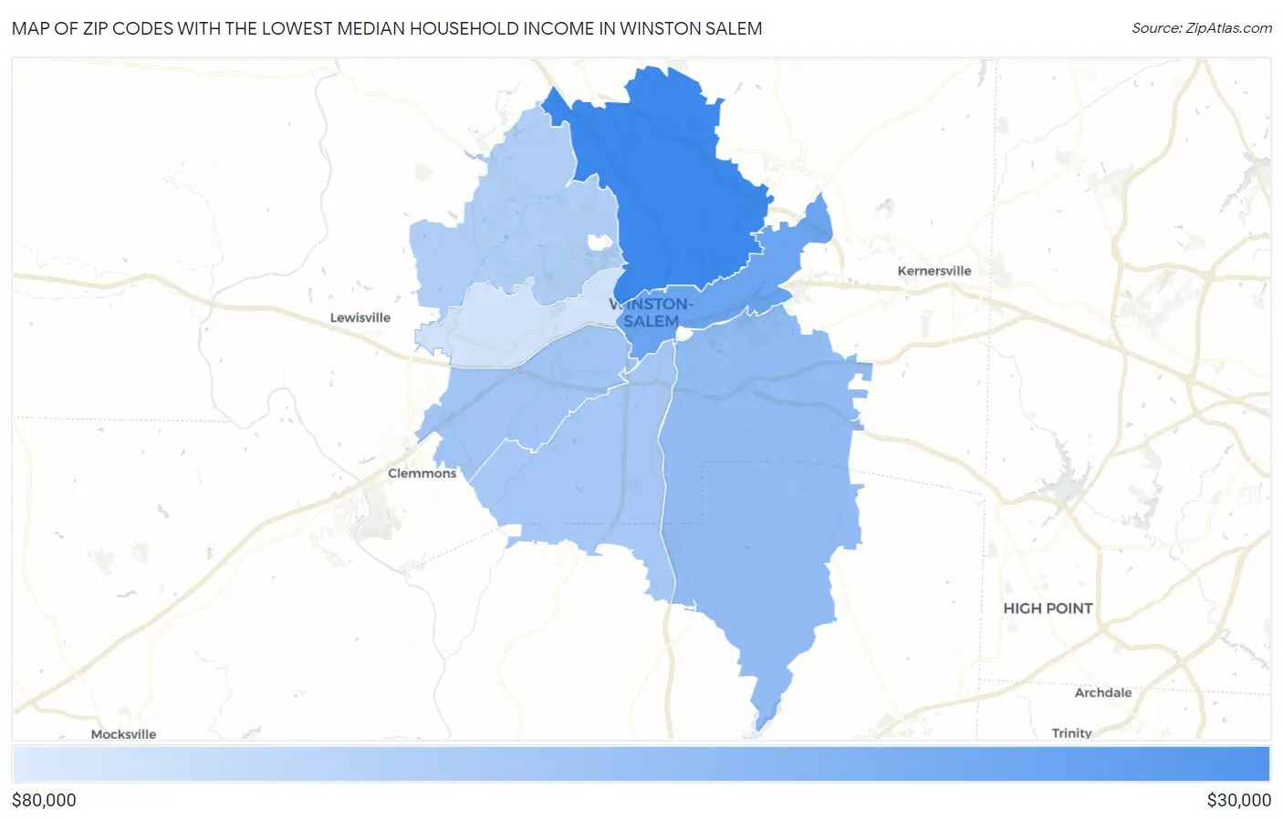 Zip Codes with the Lowest Median Household Income in Winston Salem Map